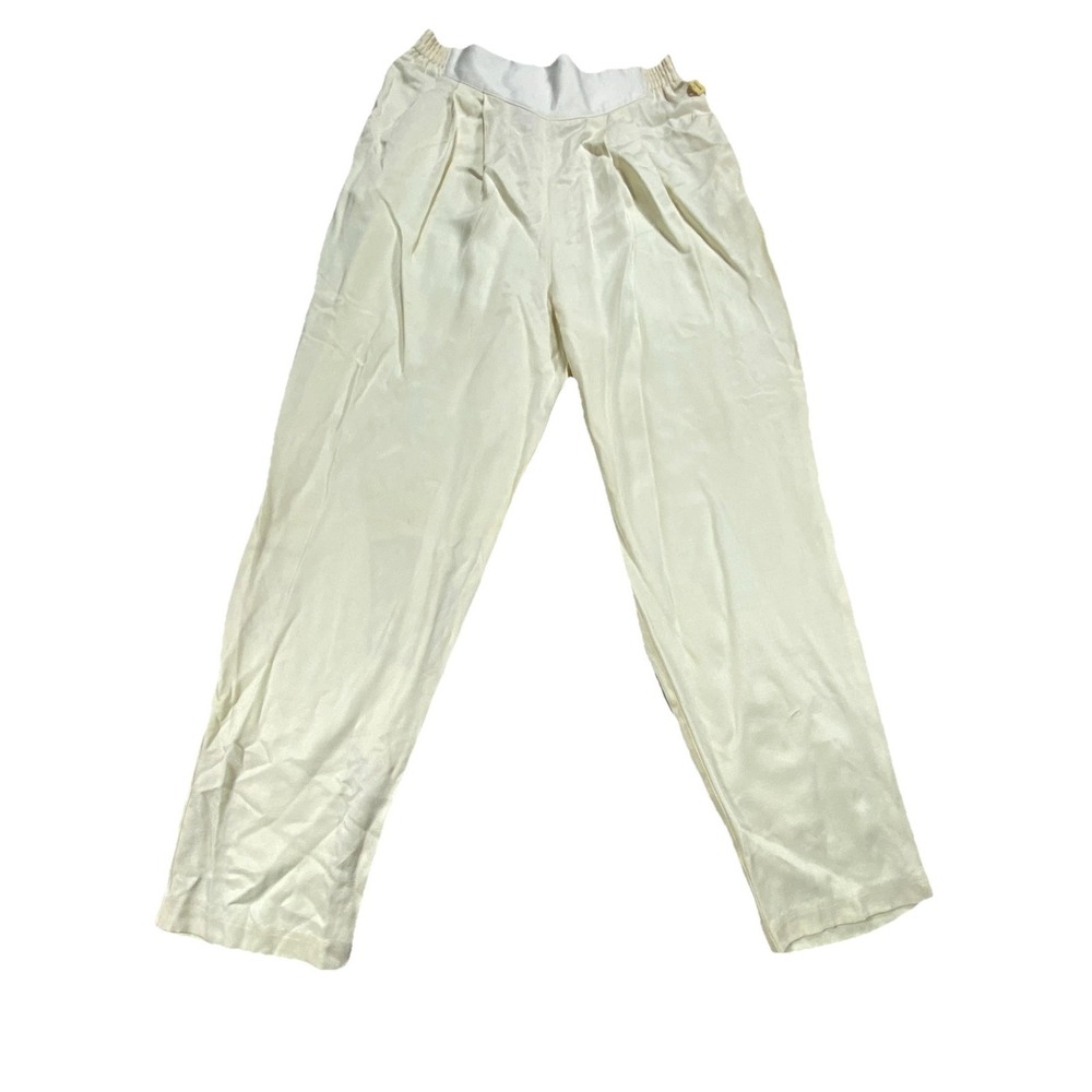 Women Pants Medium Cream Elastic High Waisted Pleated Front Tapered Leg Made USA